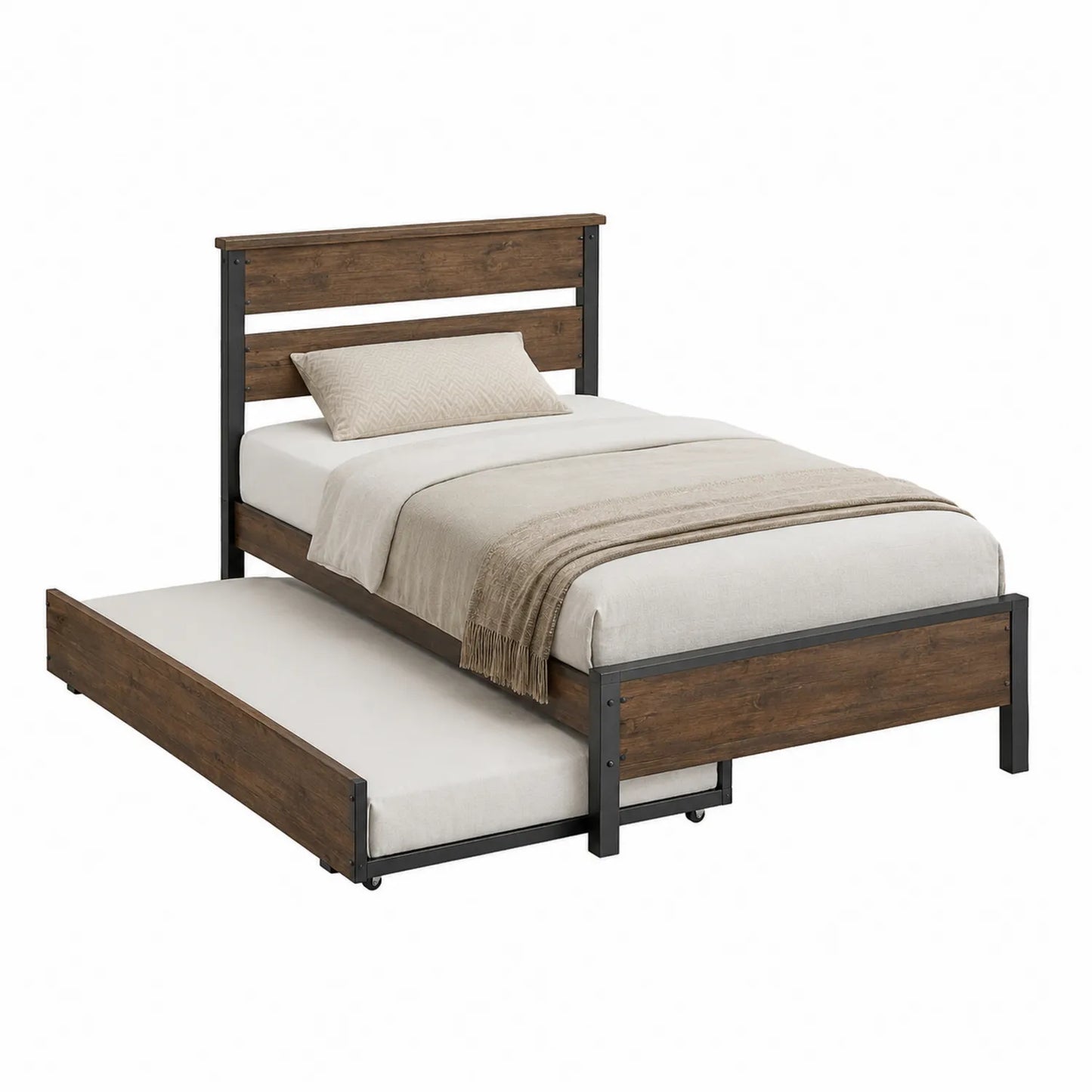 Metall- und Holzbett mit Ausziehbett 200x90 cm Dunkelbraun/Schwarz
