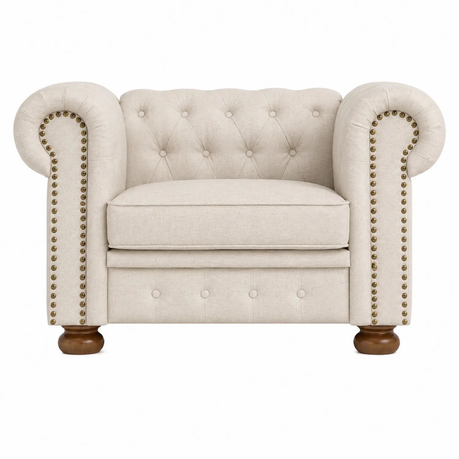 Chesterfield Einsitzer Sofa Leinen Beige mit Holzbeinen