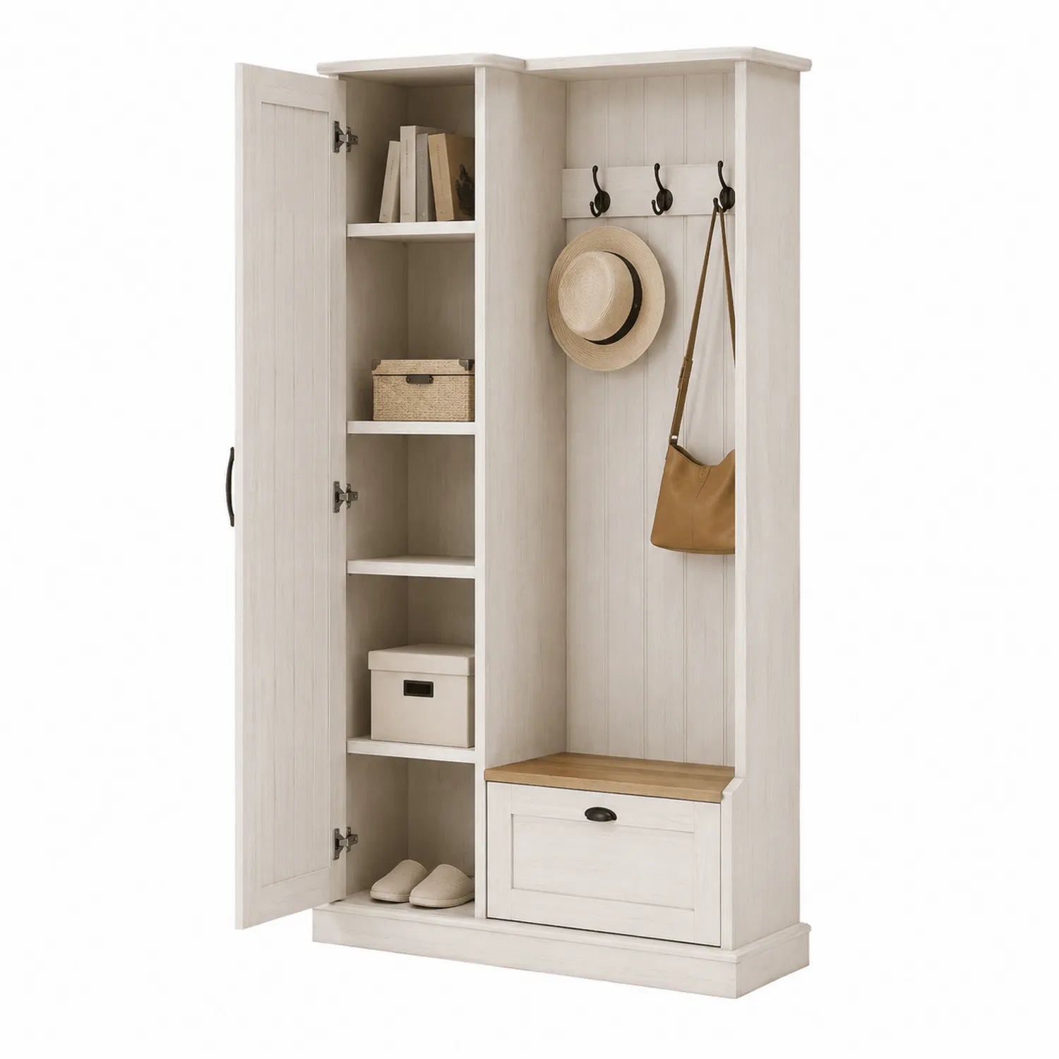 Garderobenschrank Holz Weiß mit Sitzbank 80x40x180cm