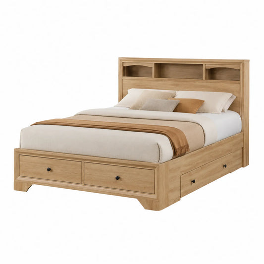 Eichenholz Bett mit Kopfteilregal und Schubladen 200x160cm