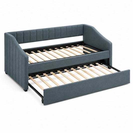 Tagesbett aus Holz mit ausziehbarem Rahmen und Polyesterstoff in Blau