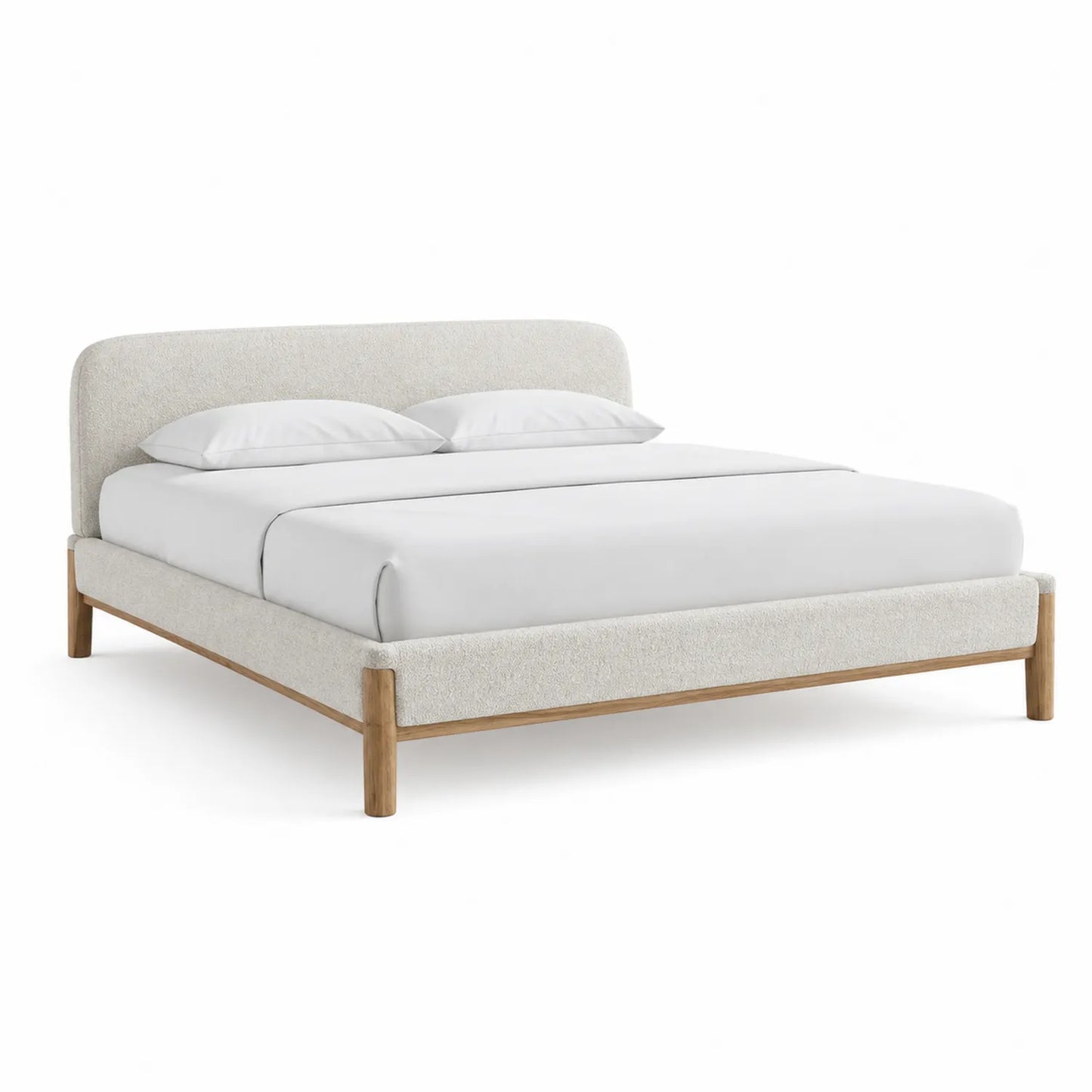 Doppelbett aus Bouclé-Stoff und Eichenholz 200x160 cm Beige