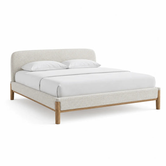Doppelbett aus Bouclé-Stoff und Eichenholz 200x160 cm Beige